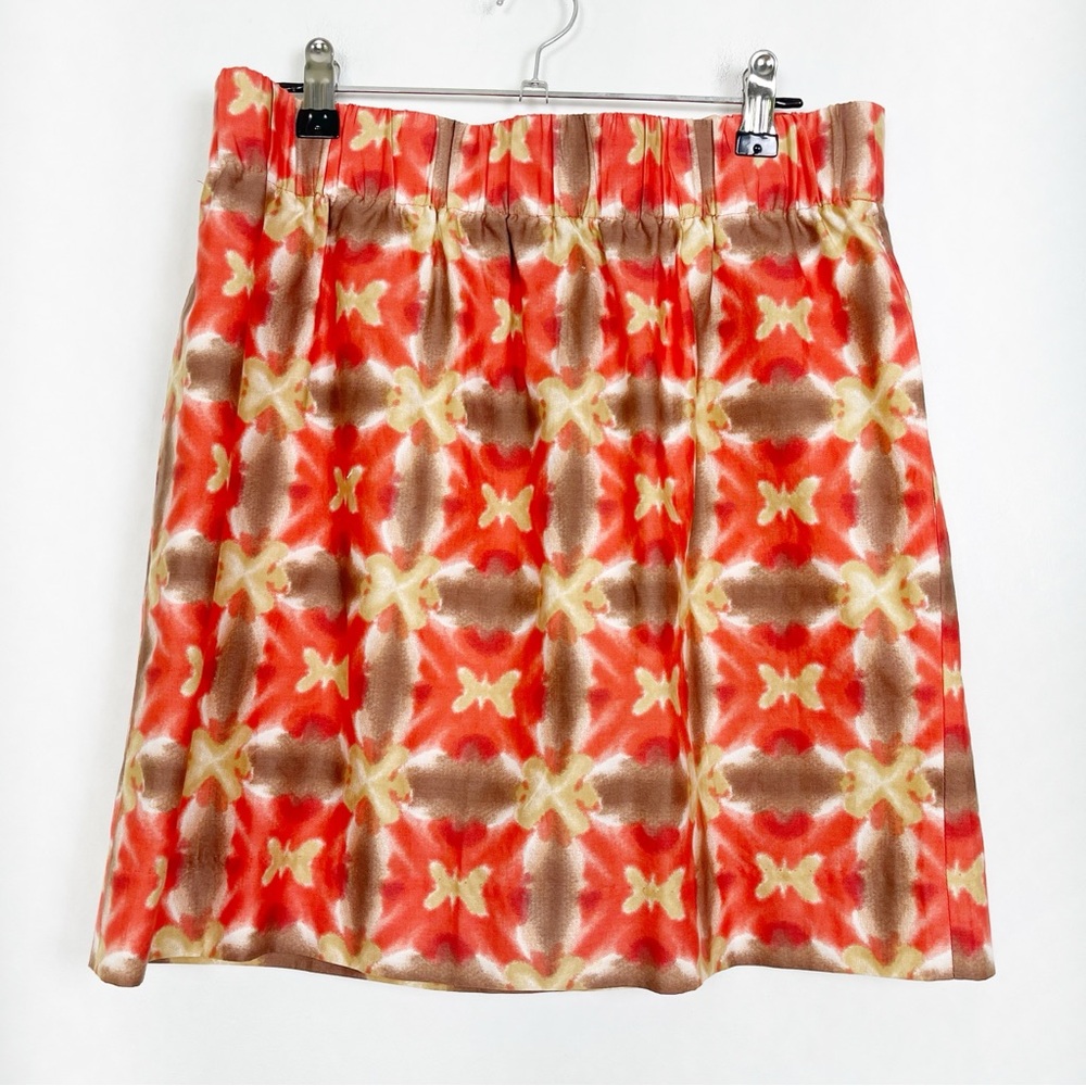 J. Crew Batik Style Smocked Red and Tan Cotton Mini Skirt Size 6 Pockets